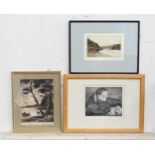 Three prints to include a limited edition woodblock print depicting a coastal scene with figures
