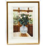 Kim Norris, 20th century, Watercolour, Roses in a glass vase. Signed lower right. Approx. 21 1/4"