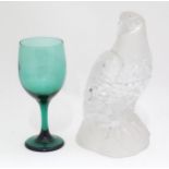 Glass pot and cover modelled as a falcon together with a green glass drinking glass. Largest 9 1/"2"