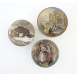 Three Prattware pot lids with bases, comprising The Snow Drift after Landseer, No by Heavens Exclaim