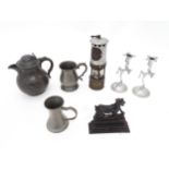 Assorted miscellaneous items to include a pair of Art Nouveau chrome candlesticks, a cast iron