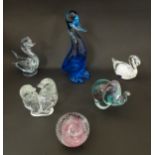 Assorted art glass comprising models of ducks, elephant, a swan by Dartington Crystal, a paperweight