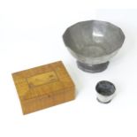 A 20thC Portuguese pewter tazza, together with a a pewter beaker and an Egyptian jewellery box,