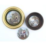 Three Prattware / Staffordshire pot lids comprising The Red Bull Inn, a shepherdess with her sheep