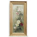A 19thC oil on canvas depicting a study of roses. Approx. 35 1/2" x 13 1/2" Please Note - we do