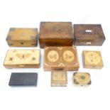 A quantity of early 20thC boxes, including a puzzle box, workbox, three inlaid boxes, a Bakelite