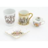 Four commemorative George V Coronation wares to include beaker, tankard, tea cup and pin dish.