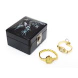 A black lacquer box with abalone shell decoration, together with two ladies wristwatches, one by