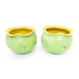 Two green glazed jardinieres / planters with lobed rims and dimple detail. Approx. 7 1/2" high (2)