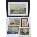 Five assorted prints comprising a mountain landscape after Percy Lancaster, Yacht Approaching the