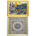 Two embroidered pictures, comprising a Peruvian woolwork embroidery depicting villagers at work, the