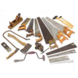 A quantity of tools, comprising saws, hammers, axe, plane etc Please Note - we do not make reference
