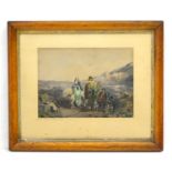 A 19thC lithograph 'Return from Hawking'. In a birdseye maple frame. Approx. 13" x 16" Please Note -