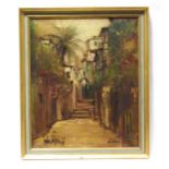 A 20thC Continental oil on canvas depicting a street scene. Indistinctly signed and dated '67 lower.