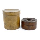 A 20thC leather collar box. Together with another leather muff box of cylindrical form. Largest