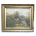 19thC, Oil on canvas, Landscape scene with thatched cottages by a stream with sheep grazing and a