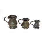 Three 19thC pewter graduated gill measures, the largest 3" tall and stamped James Yates, WS with