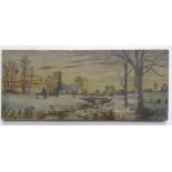 19th century, Oil on canvas, A winter river landscape with a church and figures. Approx. 10" x 24"