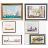 A quantity of assorted prints to include naval battle, Grand Palace Brussels, interior scene,