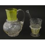 A Victorian water jug and glass with banded yellow detail. Together with a glass stirrer. Jug