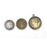 Coins: Three Victorian coins to include an 1883 three pence, an 1843 1 1/2 pence coin, etc. (3)