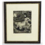 After Robert Walker Macbeth (1848-1910), Etching, First at Tryst, A seated lady on a woodland seat