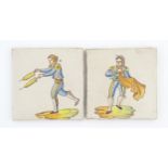 A pair of Spanish tiles with hand painted bullfighter decoration, one depicting a picador, the other