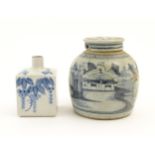 A Chinese blue and white ginger jar and cover with brushwork landscape decoration. Together with a