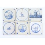 Six blue and white Delft tiles, decoration to include a seascape with boats, windmill with boats