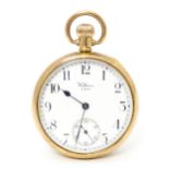 A Waltham USA 9ct gold cased open face pocket watch, the white enamel dial with Arabic numerals