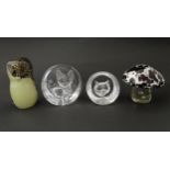 Four 20thC glass paperweights, comprising a Wedgwood owl, two Mats Jonasson cats and a white/