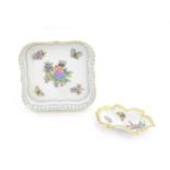 Two items of Herend porcelain decorated in the Queen Victoria pattern comprising a dish of squared
