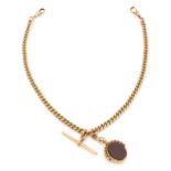 A 9ct gold Albert watch chain set with pendant seal with rotating central sections of bloodstone and