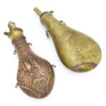 A Victorian copper and brass powder flask by Handsome & Co, the spout with dram measure, the body