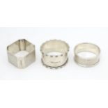 Three various Art Deco silver napkin rings to include one hallmarked Birmingham 1922 maker henry