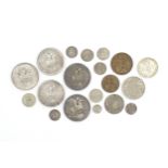 Coins: A quantity of coins, to include George III & IV crowns, threepence pieces, a 1852 Ionian