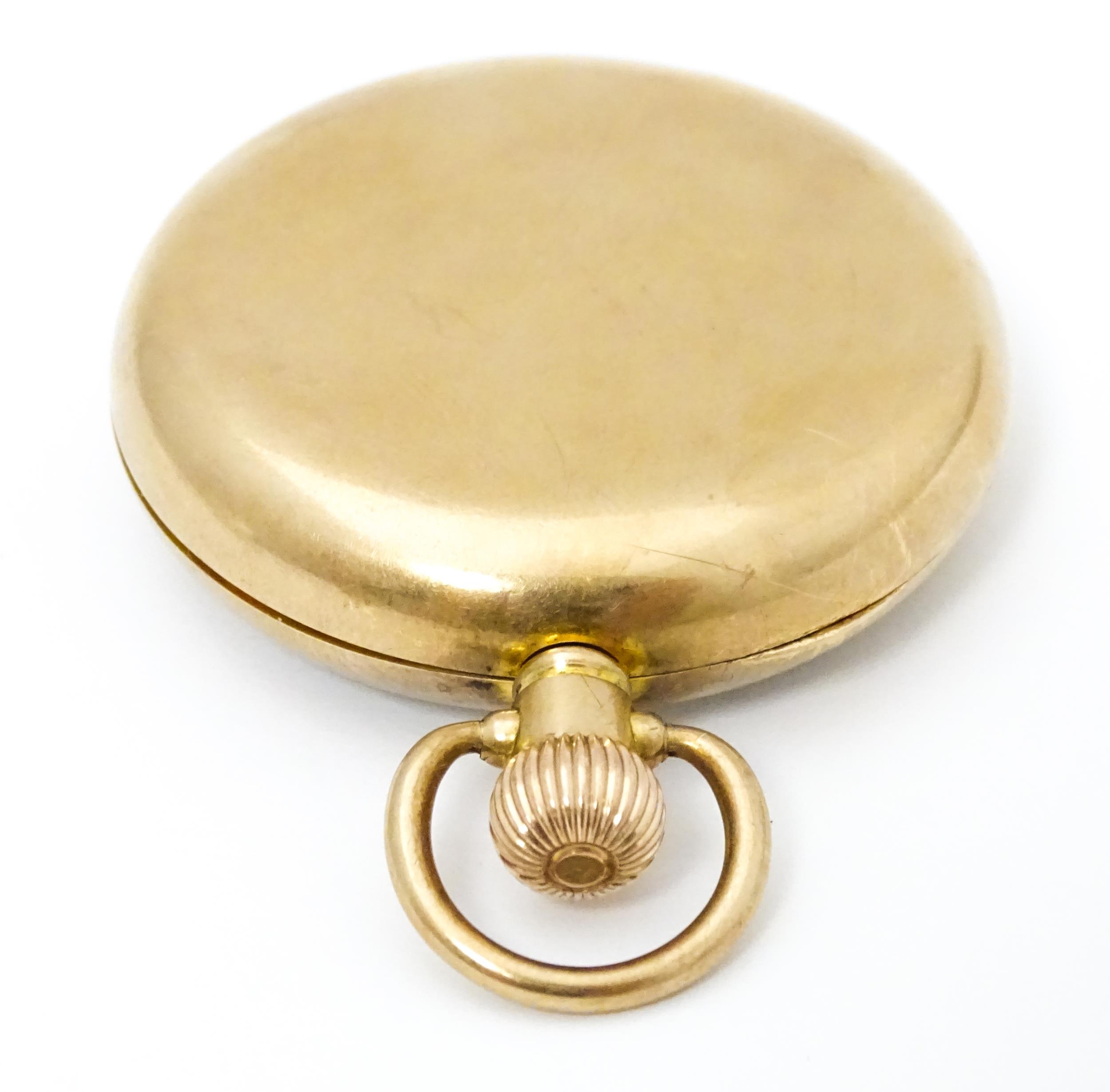 A Waltham USA 9ct gold cased open face pocket watch, the white enamel dial with Arabic numerals - Image 2 of 8