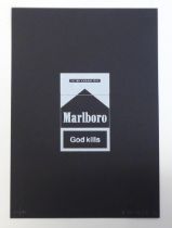 Alex Bucklee, 21st century, Limited edition screen print, God Kills - Marlboro. Signed and