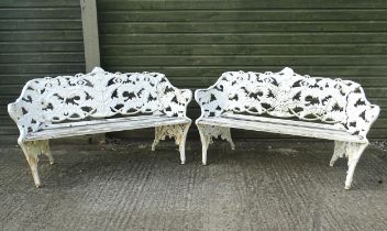 Two Victorian Coalbrookdale style cast iron benches in the Fern and Blackberry pattern. Marked