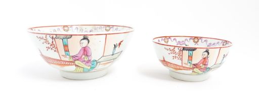 Two New Hall style bowls with chinoiserie decoration depicting figures on a terrace, with swag and