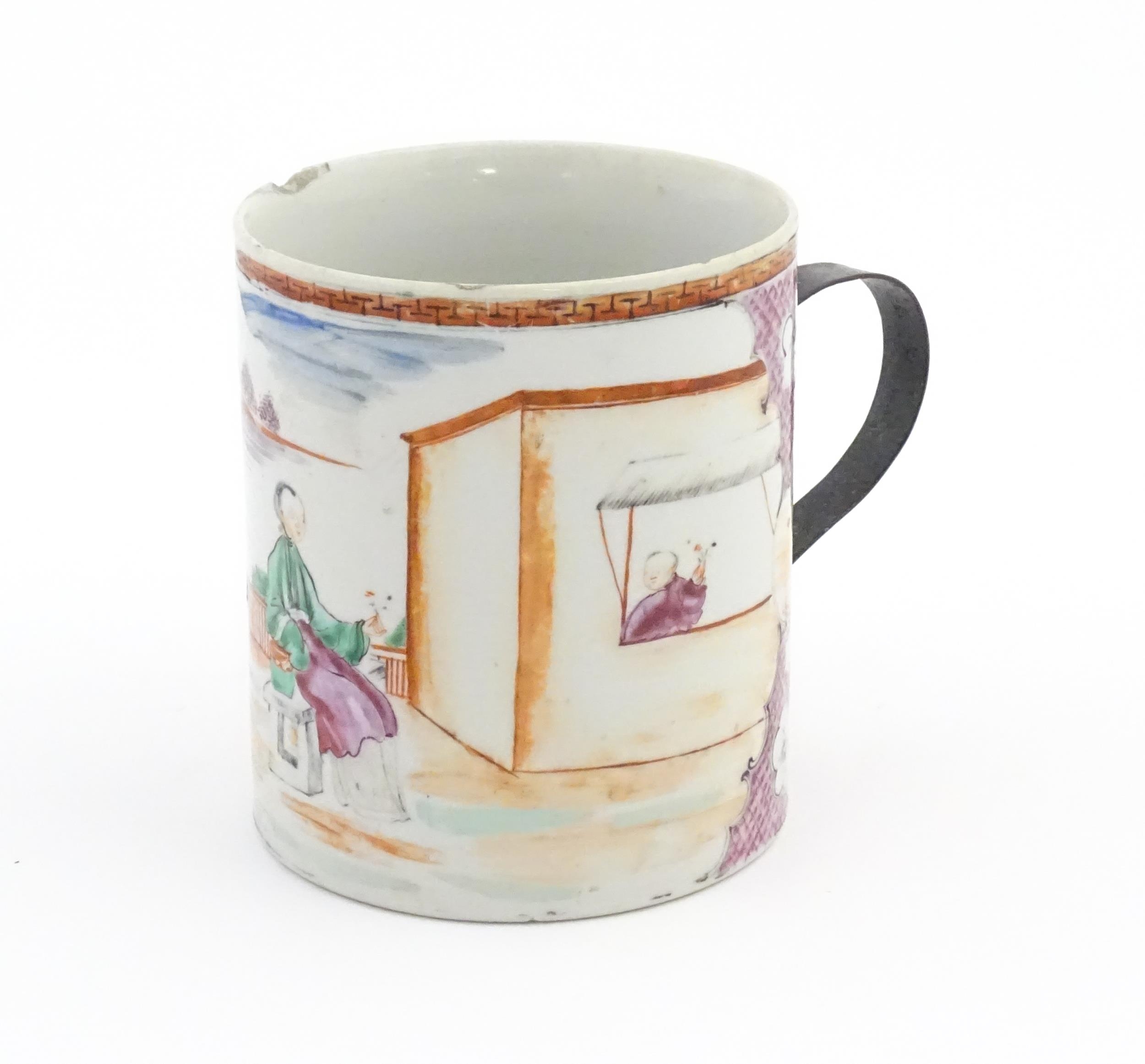 A large Chinese famille rose tankard decorated with figures in a landscape scene. Approx. 5 3/4" - Image 3 of 7