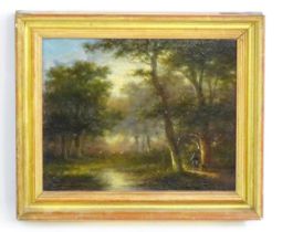 19th century, Oil on canvas, A wooded landscape scene with stream and a figure with his dog. Approx.