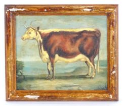 J. Box, 20th century, Oil on canvas laid on board, A portrait of a prize cow in a landscape.