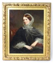 19th century, Oil on canvas, A portrait of a Victorian woman with flowing drapery wearing a brooch