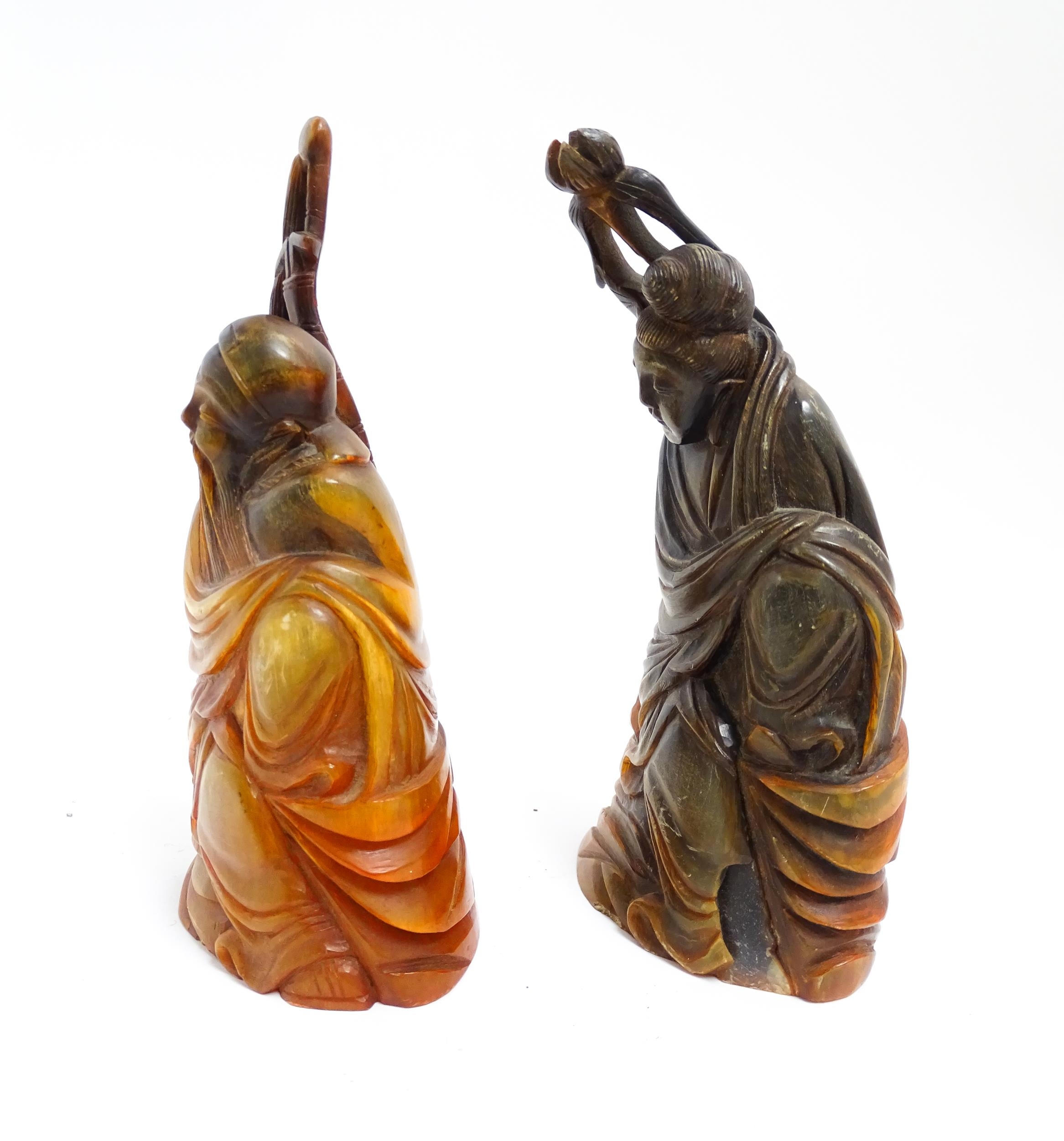 Two Chinese horn carvings depicting a sage figure and a deity figure. Largest approx. 6 1/4" high ( - Image 4 of 12