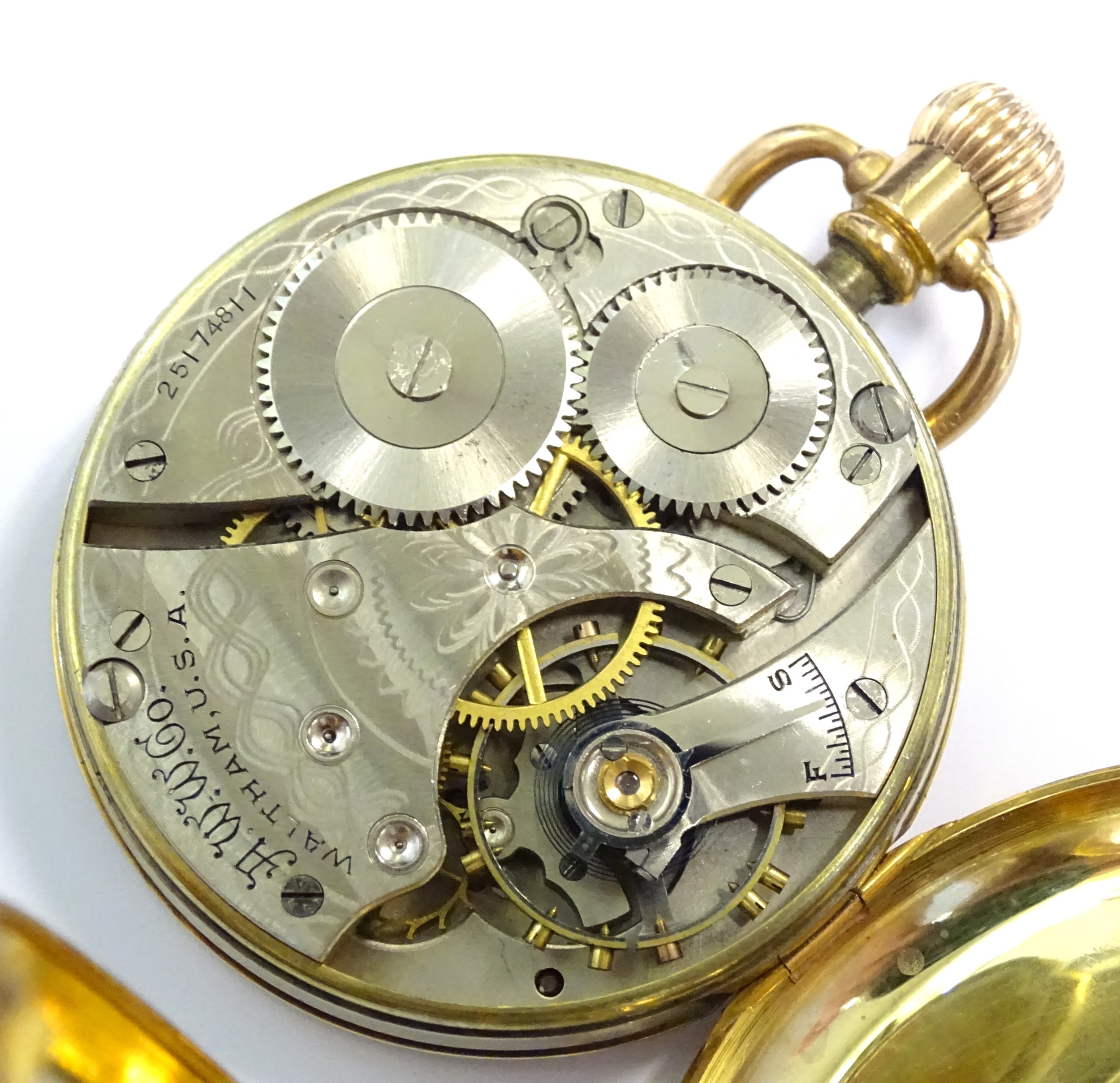 A Waltham USA 9ct gold cased open face pocket watch, the white enamel dial with Arabic numerals - Image 8 of 8