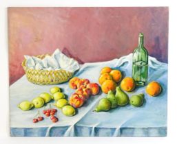 H. Mason, 20th century, Oil on board, A still life study with fruit, basket and bottle. Signed lower