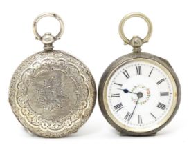 A Continental .800 silver corsage / fob watch with white enamel dial, Roman numerals and floral