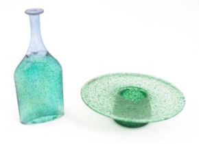 Scandinavian Art Glass: A glass bottle with iridescent green and blue detail by Bertil Vallien for