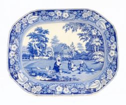 A blue and white meat plate decorated in the Hospitality pattern. Approx. 16 1/2" x 20 1/2" Please